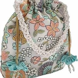 Women's Embroidered Polti Bag with Pearl Handle and Tassel - Bridal Ethnic Traditional Casual Purse/Clutch/Handbag, 21 L X 2 W X 23 H Cm-3