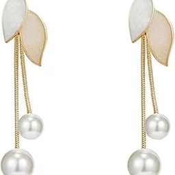 Earrings For Women Leaf Design Drop Pearl Earring For Girls Gold Plated Stainless Steel Earrings For Women Girls Jewellery-image-3