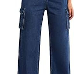 Women Beautiful & Comfortable Non Strachable Casual High-Waisted Cargo Jeans | 6 Pockets Denim Pants | Wide Leg Straight Trousers for Women Girls-image-4