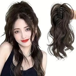 HAIR WALA™ Fountain High Ponytail Hair Extension with Shark Clip Waterfall Half-Up High Ponytail Curly Wavy Braids Large Claw Clip for Women Girls, 15 Inch Long - Brown (Matte Finish)-image-94