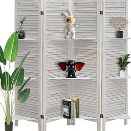 Amazing Wood Store Wooden Partition for Living Room/Dividers and Folding Privacy Screens, Louver-Design Room Divider with Removable Storage Shelves (Distressed White)-image-70