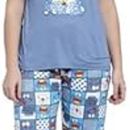 Women Cartoon Print Short Sleeve Top with Long Pants Two Piece Pajama Sets (Blue)-picture-6