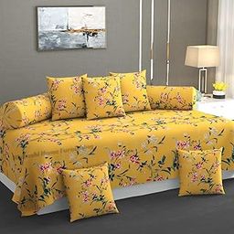 HIYANSHI HOME FURNISHING Premium Cotton Diwan Set 8 Pieces,1 Single bedsheet Size 60x90inch, 5 Cushions 16 x 16 inch Covers with Zip and 2 Bolster Covers (Saffron Yellow, 60'' x 90'' inch)-8
