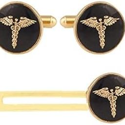 Mens Formal Round Black And Gold Cuff Link And Tie Pin Set With Doctor Insignia-2
