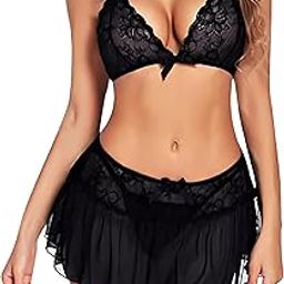 Lingerie Set for Women 3 Pieces Halter Top and Mini Skirt with G-String Lace Babydoll Set for Honeymoon Valentine Nighty-image-88