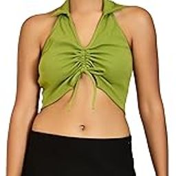 Women's Solid Cotton Rib Halter Neck Crop Top with Front Ruched Detail-image-23