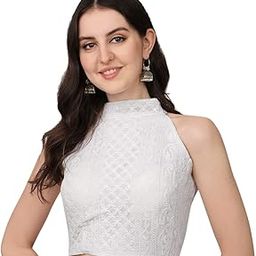 Women's Halter Neck Designe Top Solid Chickankari Thread Embrodery Work Readymade Sleeveless Saree Blouse-image-7