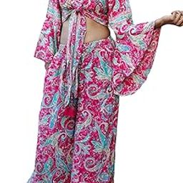 PRAJAPATI Textiles Women’s and Ladies Silk Top and Bottom Set Wrap Top Beach Wear Tunic Top and Bottom Women`s Casual Sleeve Printed Top (Pink)-42