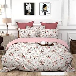 ARIHANT BEDSHEET Geometric Duvet Cover Set with Pillow Covers and Bedsheet, Peach and Grey Floral Pattern, Glace Cotton, Available in diffrent Size (Twin)-image-99