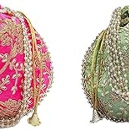 Potli bag (Pack of 2 Potli) Rani and Parrot Green Matka Designer handbags for Women wedding party and Return gift potli bags for party accessories-37