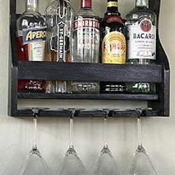 ODEJIA Wood Wine Rack - Wall Mounted - 4/8 Glasses and Bottles Holder | Mini Bar Cabinet for Home with Wine Glass Holder |-image-32