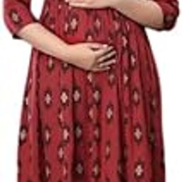 Maternity Floral Print Cotton Midi Dress, Mahroon with Flowers Print, 3/4 Sleeves, Empire Waist (in, Alpha, L, Mahroon)-image-61