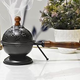 DSH Metal Incense Burner Loban Dani with Handle Dhoop Dani Dhuna Loban Burner Round Table-Top Iron Incense Holder for Loban Bakhoor Burner.(LBN-DOM-Black)-3