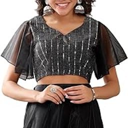 Frolic Rolic Women's Black Embellished Net Blouse with Sweetheart Neck-44