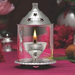 Borosil Large Nickel Akhand Diya Decorative Glass Oil Lamp | Tea Light Holder | Diya with Borosilicate Glass | Puja Dia for Mandir | Lantern Diya with Glass Cover, Nickel Diya-image-27