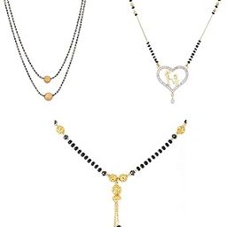 Mangalsutra Gold Plated American Diamond Necklace Jewellery Combo of 3 Mangalsutra Tanmaniya Nallapusalu Black Bead Chain For Women (Design 11)-11
