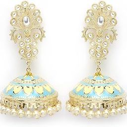 Gold Plated Light Blue Meena Kundan Flat Jhumki Earrings for Women-image-48