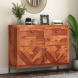 MANNAT ARTS Solid Sheesham Wood Sideboard Cabinet with 4 Drawer & 2 Shelves - Chest of Drawers Wooden Drawer Storage Cabinet for Bedroom Living Room Storage Furniture Decor (Design 19)-image-70