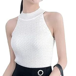 icw Women's Knit-Rib Sleeveless Halter Neck Vest Cami Tank Crop Top (ONE Size 26-32 Inch Bust) 102-picture-22