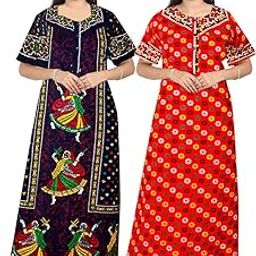Jaipuri Cotton Printed Maternity Front Zipper Full Length Maxi Nighty Gown (Pack of 2) Blue,Red-image-79
