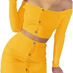Women's Polyester Slim Fit Sexy Solid Round Neck Split Skirt Outfits Set of 2| Size-XL | Color-Yellow-28