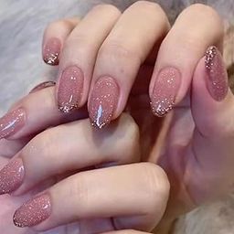 Kriga 24 Reusable Artificial Fake Nail Set| Pink Glitter Tip Medium Oval Shape Glossy Press On Nails| Lightweight & Long Lasting| Quick Fix For Festivals & Special Occasions-11
