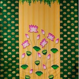 Talambralu Wedding Backdrop Cloth for All Festivals/House Hold Functions/Haldi Function/Ceremonies Yellow &Green Gold Lotus Design5Feet Width*8Feet Length/HeightSuitable for All Functions&Festivals-1