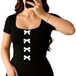 Stylish Women's Short Sleeve Square Neck Slim Fit Top with White Bow Details – Soft Stretchy Ribbed Fabric for Cute Everyday Looks, Date Nights, Casual Outings & Party Fashion-picture-49