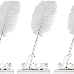 3xWedding White Feather Quill Guest Book Signing Pen with Silver Love Holder-image-13
