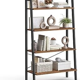 VASAGLE Ladder Shelf, 4-Tier Bookshelf, Storage Rack, Bookcase with Steel Frame, for Living Room, Home Office, Kitchen, Bedroom, Industrial Style, Rustic Brown and Ink Black ULLS144B01-13