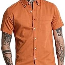 Men's Linen Blend Slim Fit Half Sleeve Casual Curve Hem Button Down Collar Machine Wash Front Pocket Shirt-14