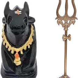 A & S VENTURES Brass Damru Trishul on Stand Show Piece Decoration Items with Black Polyresin Small Size Nandi Ji Maharaj Bull Statue Idol Murti for Home Shivling Puja Pooja Vastu Car Dashboard.-23