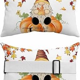Outdoor Head Pillow with Adjustable Elastic Strap,Gnomes Fall Thanksgiving Orange Pumpkin 1 Pack Waterproof Headrest Cushion Pillows for Balcony/Garden/Beach/Pool Chair Recliners Farm Maple Leaves-image-1