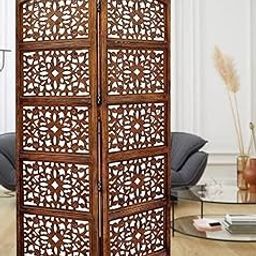 AB Craft Wooden Room Divider Screen, 2-Panel Folding Privacy Partition with Floral Carved Design, Brown-image-99