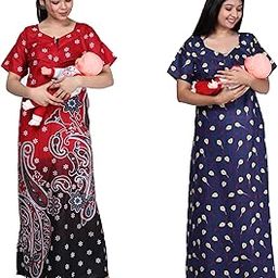 100% Cotton Feeding Nighty for Women || Long Length Printed Nighty/Maxi/Night Gown/Night Dress/Nightwear Inner & Sleepwear for Women's (Combo Pack of 2) with 3 Zips for Feeding Purpose-image-84