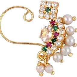 stylish gold plated studded a shimmering multicolour stone with pearl beads Maharashtrian Nath for the women and girls.-image-5