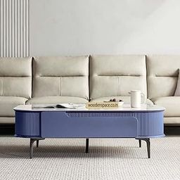 WOODEN SPACE Premium Solo Marble-Top Wooden Center Table for Living Room | Iron Legs | PVD Coating | Modern Entryway Furniture | Coffee Table - 42X24X18 in (Blue)-image-73