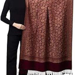 Kashmiri Woollen Reversible Shawl, Floral Design, Burgundy Border with Tassels, 102 x 203 cm-picture-0