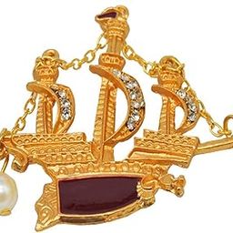 Mens Suit Vintage Unsigned Small Damascene Sailing Ship Gold Red Metal Brass Brooch-picture-45