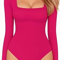 Womens Square Neck Short Sleeve/Long Sleeve Tops Bodysuit Jumpsuit (Rose Pink, Medium)-image-45