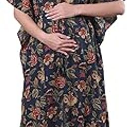 Navy Blue Floral Cotton Maternity Kaftan/Maxi Nighty/Free Size/Feeding/Nursing/Zipper/Drawstring-image-98