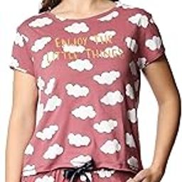 Night Suit for Womens Cloud Printed Cotton Night Dress of Crop Top and Shorts Set-image-85