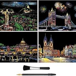 MIASTAR Scratch & Sketch Art for Kids & Adults, Rainbow Painting Night View Scratchboard(A4), Art & Craft, 4 Sheets Scratch Cards & Drawing Pen, Clean Brush (Beautiful City)-8