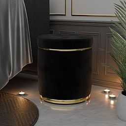 ETIQUETTE ART Velvet Round Dual Strip Ottoman Office Stool Foot Rest Stool Linen Fabric Padded Seat Pouf Ottoman with Round Shape for Living Room (Black)-image-96