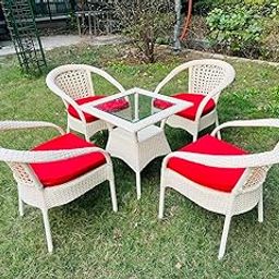 TERRALUXE Designer 4 Chair 1 Table for Garden|| Balcony|| Terrace|| Coffee|| Patio ||Wicker Seating Chair and Table Set Outdoor Furniture (D-8 OFFWHITE with 4 Chair 1 Table with RED Cushions)-8