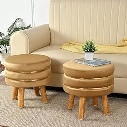 Platinum Wood Craft Stool for Living Room Set of 2 Sitting Pouffes upholstered pouffe Puffy for Foot Rest Home Furniture Mudda Pouf Round Sitting 4 Wooden Legs Foot Stool for Office Room D?cor, Beige-image-39