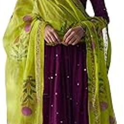 Women's Wine Purple Table Print V Neck Anarkali Silk Blend Kurta Set with Trousers & Organza Dupatta | Ethnic for Festive Occasions | Ideal for Diwali-image-23