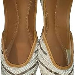 Mirror Work Beaded Faux Leather Jutti Flats, Traditional Indian Ethnic Footwear for Women, Tan-picture-10