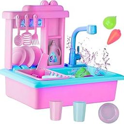 Storio Kitchen Set for Girls | Kids Play Electronic Wash Basin Sink with Live Running Water | Pretend Role Play Kitchen Toys Set - Pink-7