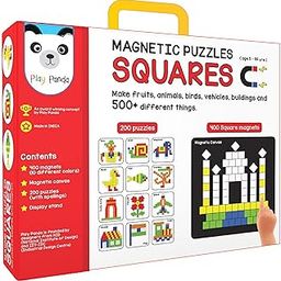 Play Panda Magnetic Puzzles Squares - 400 Colorful Magnets, 200 Puzzles, Magnetic Board, Display Stand - for Boys and Girls, 500 Pieces-image-12